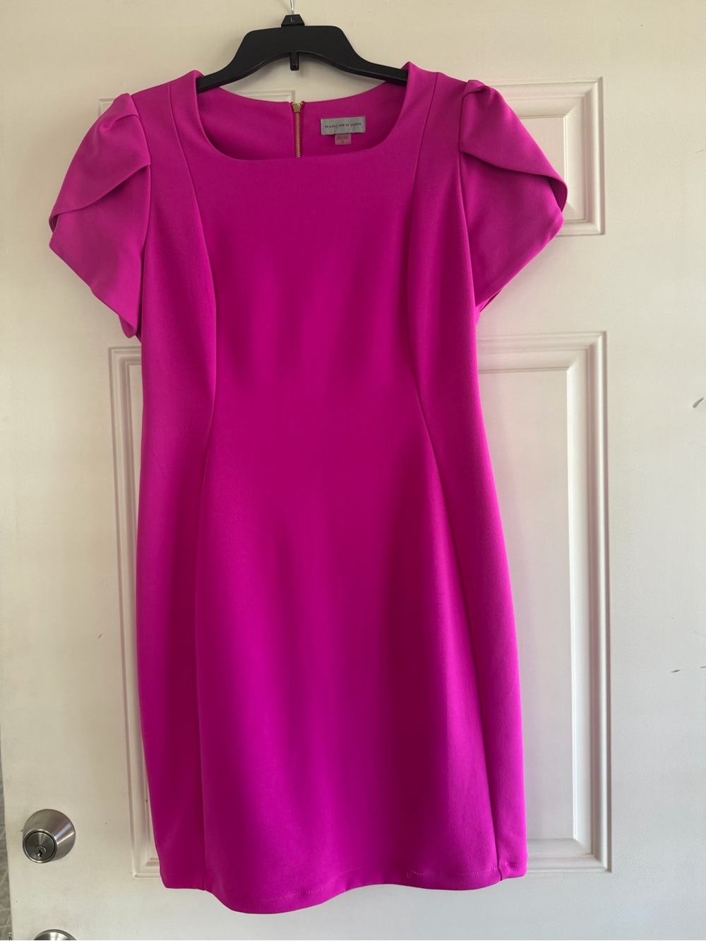 Bright Pink Women's Sheath Dress - Elegant Puff Sleeve